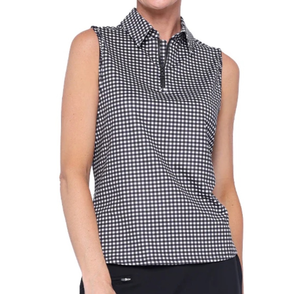 NWT Belyn Key Sleeveless Polo Golf‎ Tank Black White Gingham Small Tennis Active